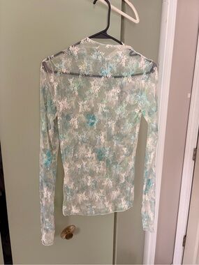 Free People Sheer Floral Long-Sleeve Top in Mint and White